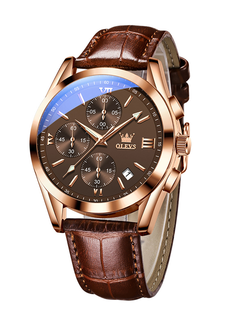 Olevs Men’s Quartz Chronograph Leather Belt Watch 2872BRBR | Wafilife