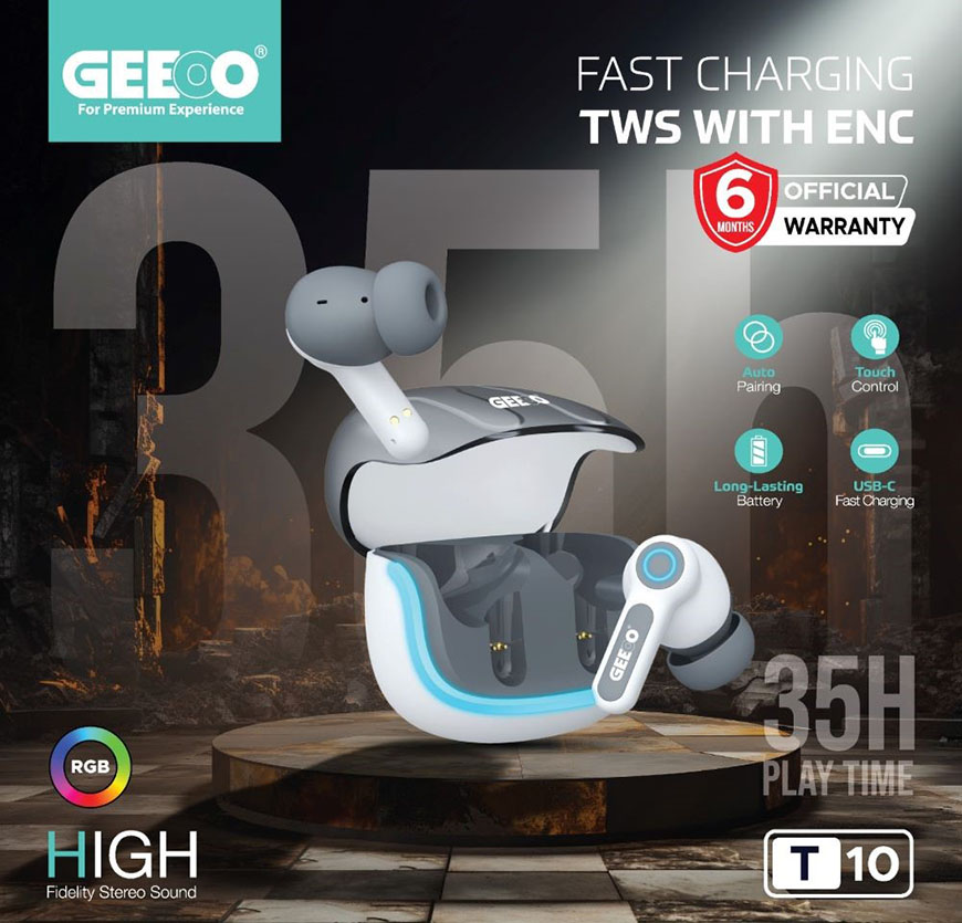 GEEOO T10 Fast Charging TWS with ENC (Gray And Black) Wafilife