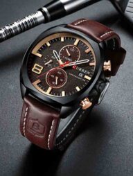 CURREN 8324 Leather Sport Quartz Chronograph Watch for Men-Brown