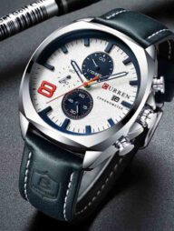 CURREN 8324 Leather Sport Quartz Chronograph Watch for Men-Blue And White