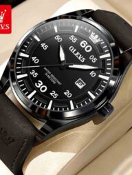 OLEVS 9962 Fashion With Leather Strap Men Watch - Black