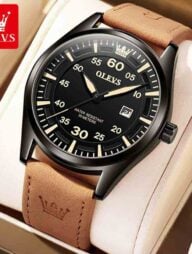 OLEVS 9962 Fashion With Leather Strap Men Watch - Browen