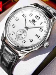 Olevs 3622 Black Leather Wrist Watch For Men - White