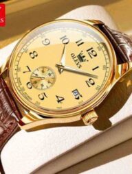 Olevs 3622 Chocklet Leather Wrist Watch For Men -Gold