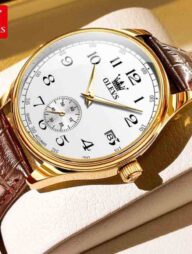 Olevs 3622 Chocklet Leather Wrist Watch For Men -Gold &amp; White