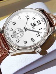 Olevs 3622 Chocklet Leather Wrist Watch For Men - White