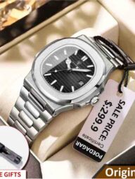 POEDAGAR 613 Luxury Stainless Steel Square Quartz Men's Watch- Silver and Black