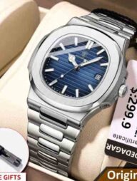 POEDAGAR 613 Luxury Stainless Steel Square Quartz Men's Watch- Silver and Blue