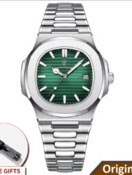 POEDAGAR 613 Luxury Stainless Steel Square Quartz Men's Watch- Silver and Green