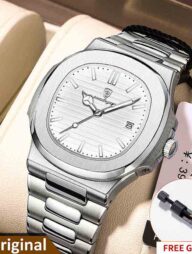 POEDAGAR 613 Luxury Stainless Steel Square Quartz Men's Watch- Silver and White
