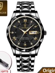 POEDAGAR 615 Luxury Fashion Luminous Date and Day Quartz Men's Watch - black