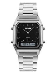 SKMEI 1220 Stainless Steel Dual Time Luxury Watch For Men -Silver and Black