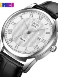 SKMEI 9058 Leather Quartz Fashion Watch Men's For- Black and White
