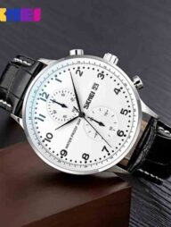 Skmei 9301 Leather Quartz Fashion Watch Men's For- Black And White